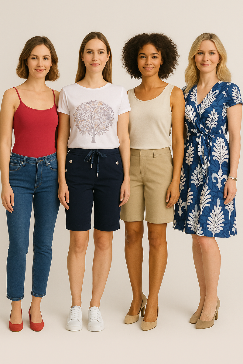 4 femmes avec t-shirt, short, camisole et robe