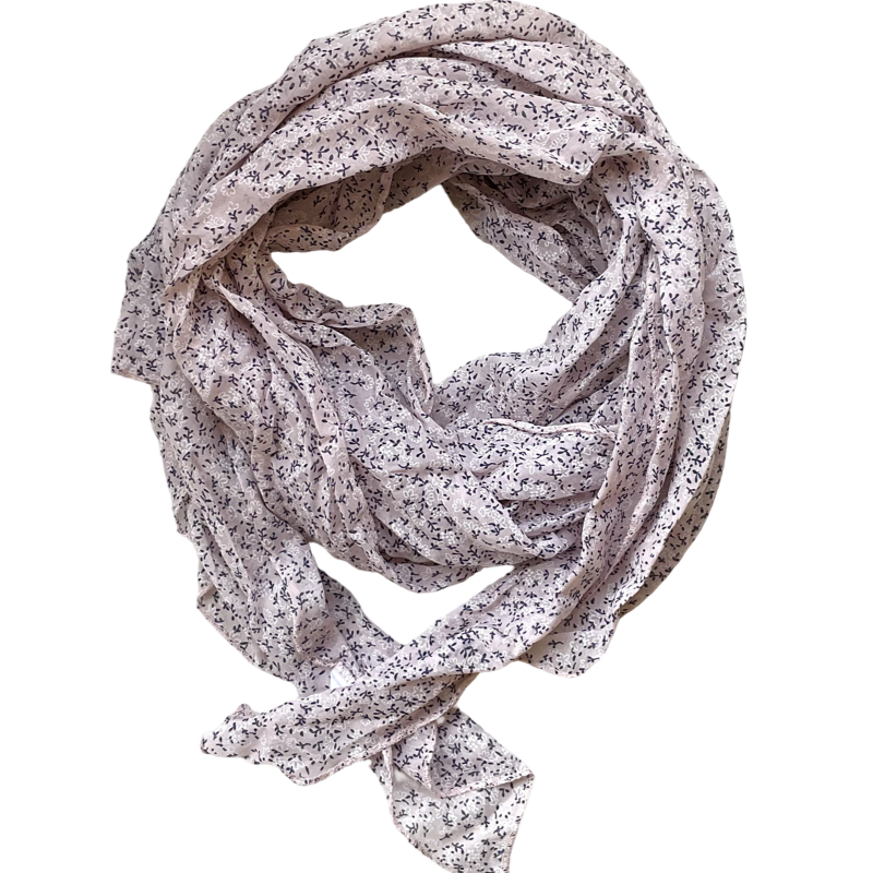 Foulard vieux rose petit fleuri marine et blanche 20% soie et 80% coton