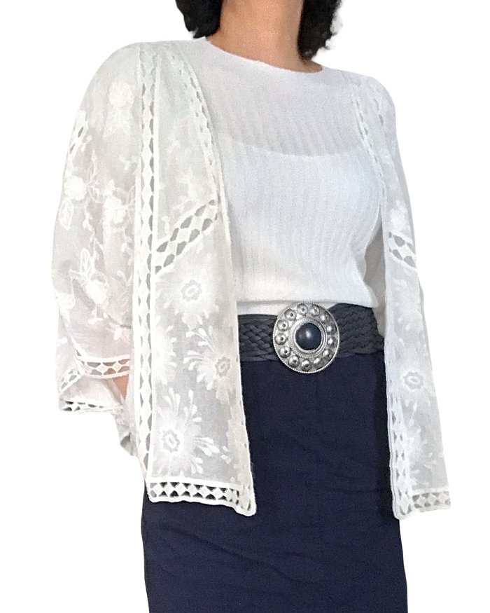 T-shirt côtelé uni blanc cassé col rond