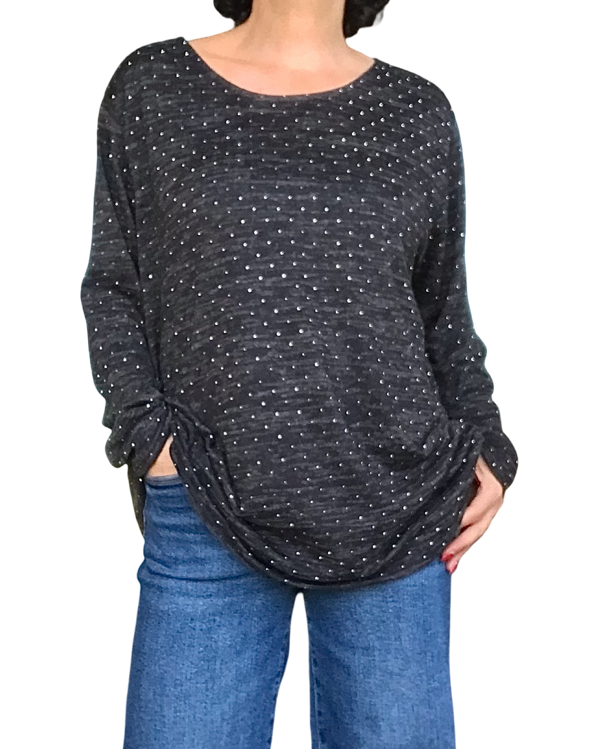 Chandail chiné noir et gris garni de petites pierres argentées