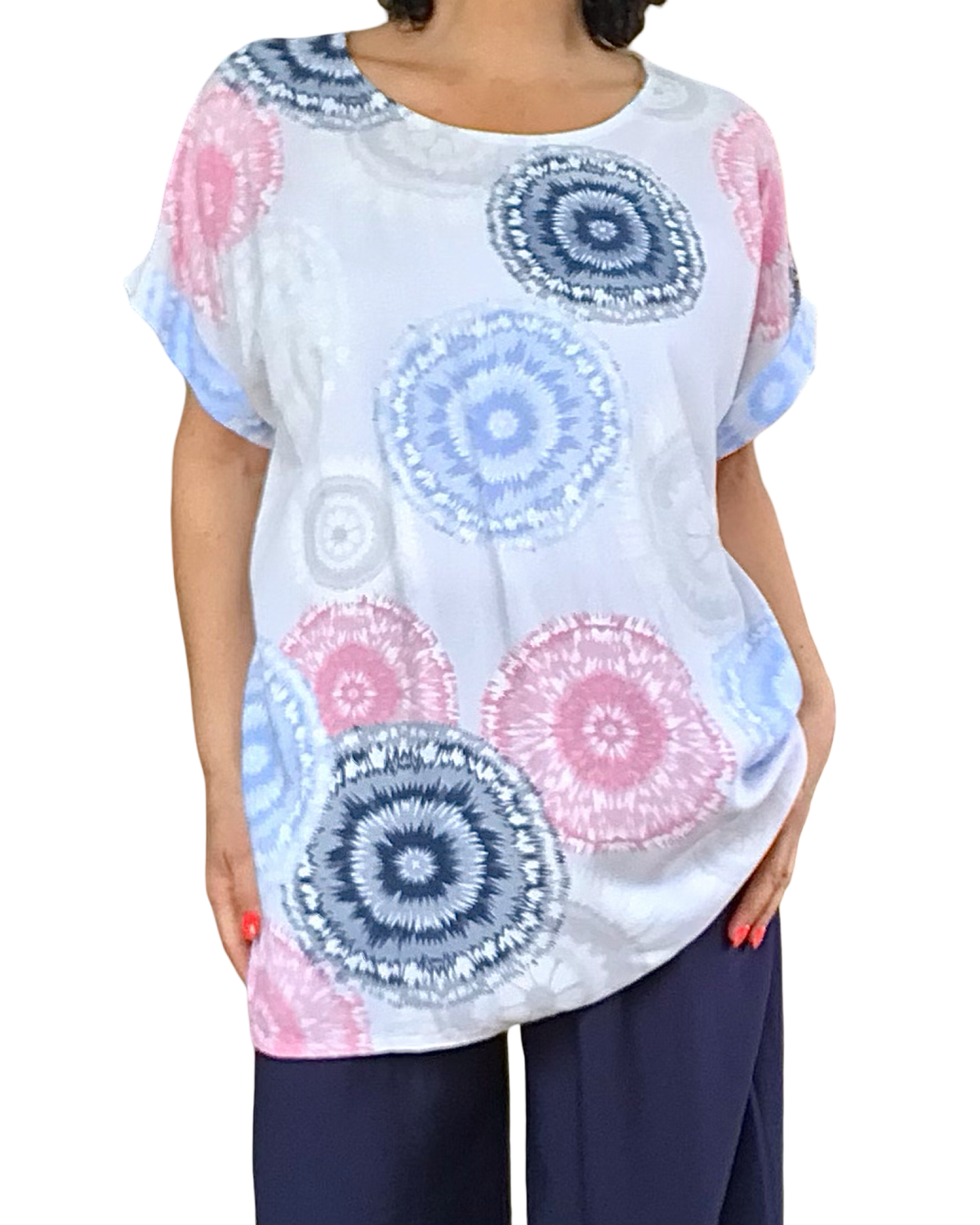 Blouse blanche à manches courtes avec grosses pastilles marine, rose, bleu ciel