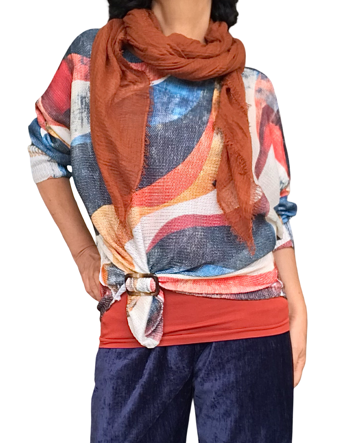 Chandail imprimé géométrique coloré, manche chauve-souris, fond crème