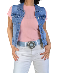 T-shirt côtelé uni rose pâle col rond