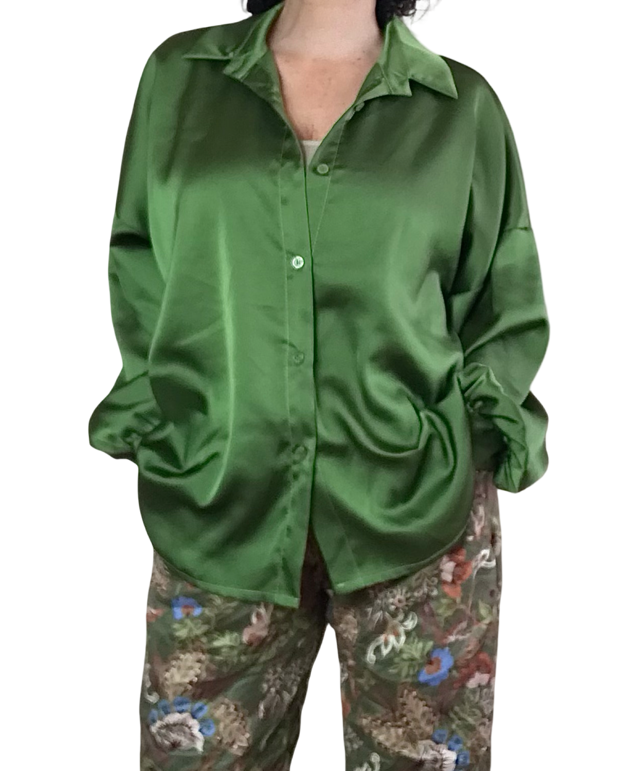 Chemise vert pomme en satin à manche longue