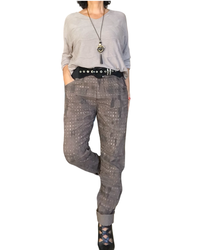 Pantalon brun à taille élastique avec cordon, imprimé d’un léger motif noir et petits carreaux dorés – photo 3