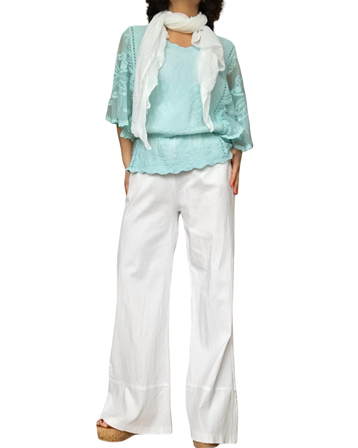 Pantalon jambe droite blanc cassé taille élastique avec cordon