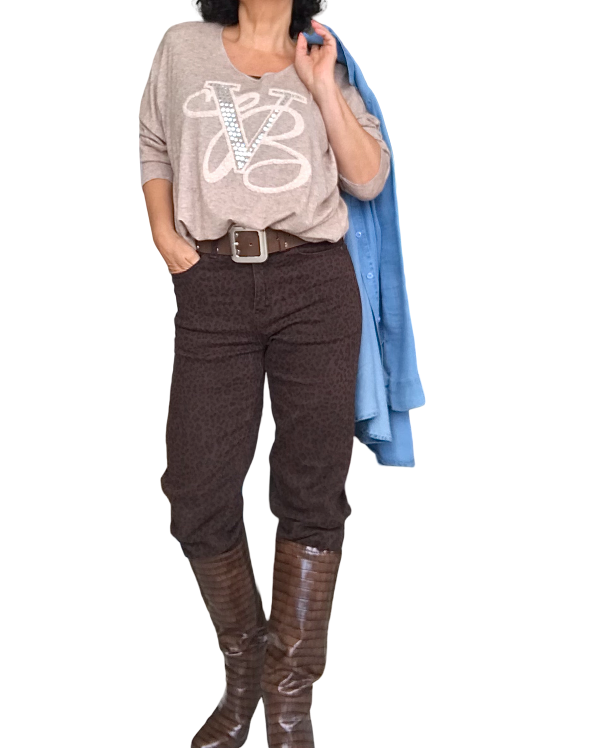 Pantalon brun imprimé léopard noir, coupe cigarette 28 pouces de jambes