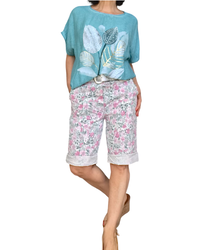 Bermuda imprimé de fleurs rose et aqua à taille élastique avec cordon
