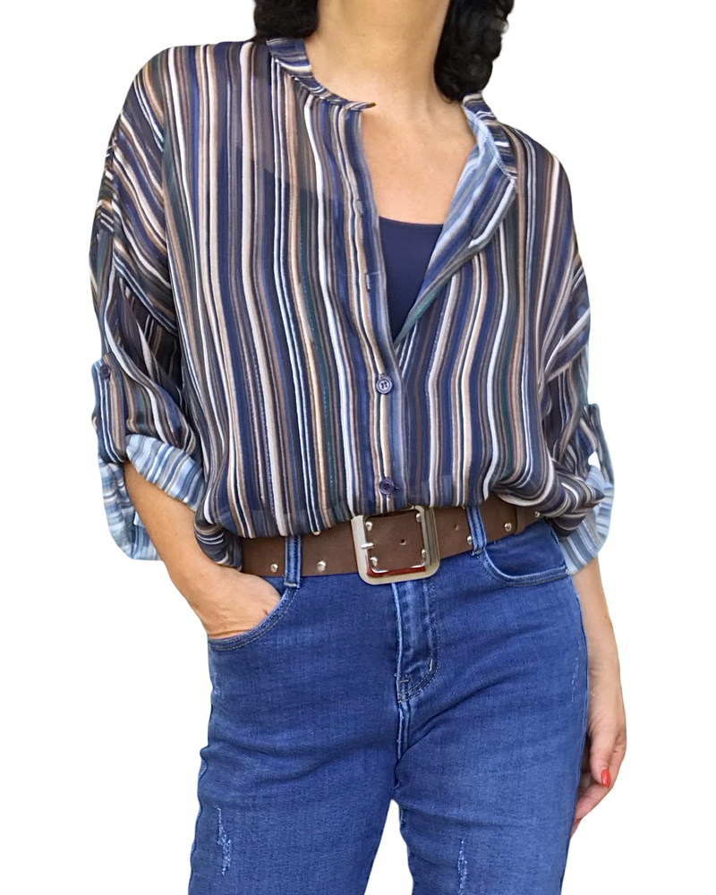 Chemise marine à rayures verticales, manche 3/4 en voile