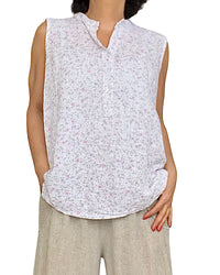 Blouse blanche sans manche petites fleuri rose, jaune et moka
