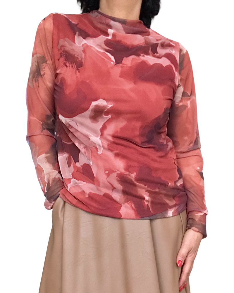 Chandail à manches longues en voile col montant motif floral rouille