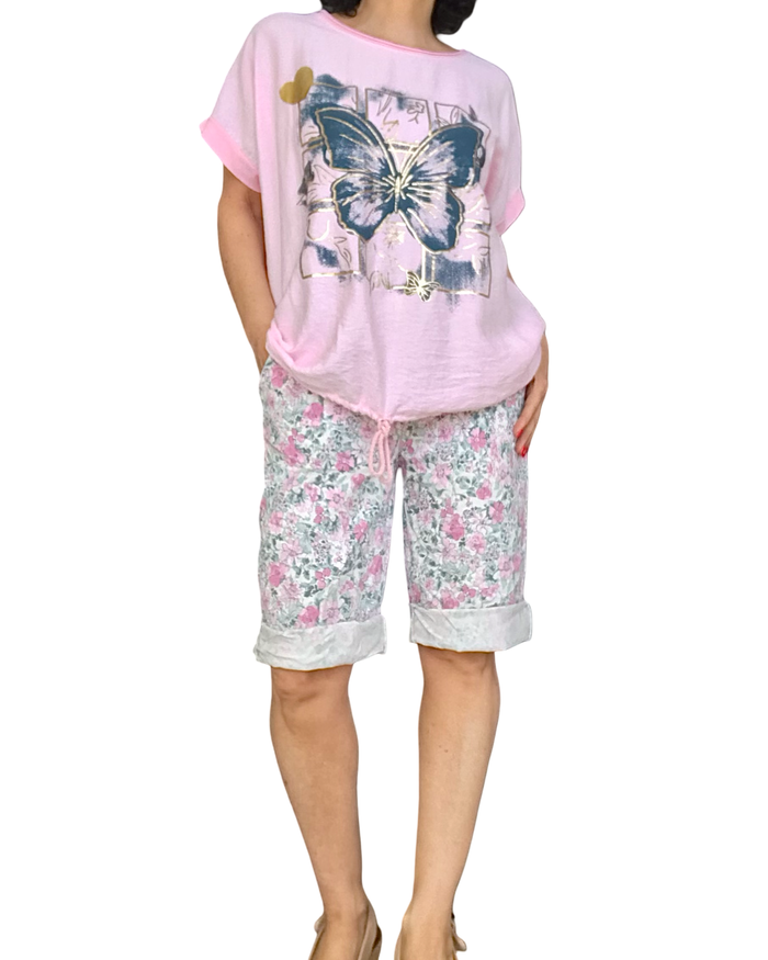 Bermuda imprimé de fleurs rose et aqua à taille élastique avec cordon