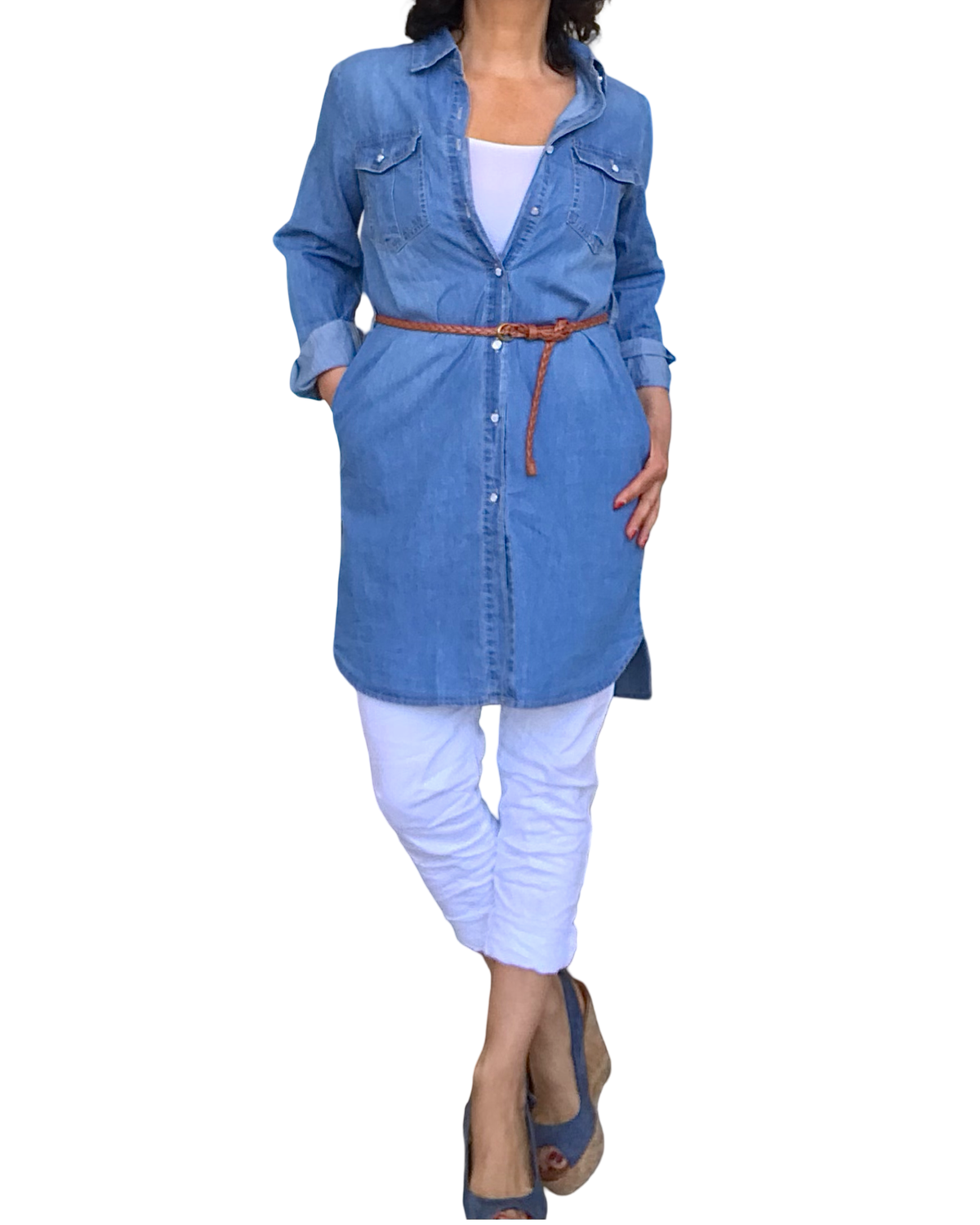 Chemise longue en jeans bleu moyen manche longue