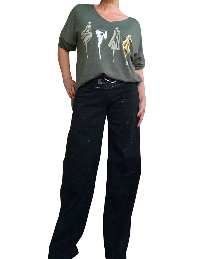 Chandail uni kaki col en V avec esquisse de 4 femmes devant