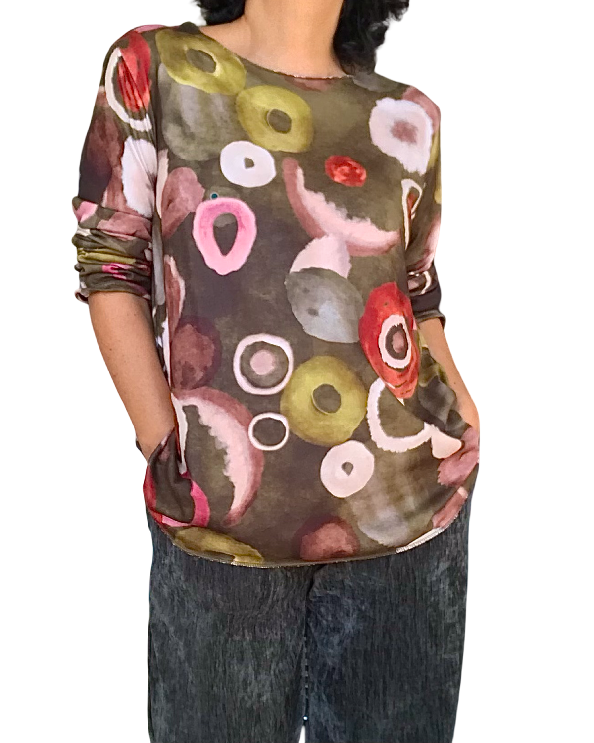 T-shirt manche longue kaki col rond imprimé de cercles rouille, crème, brun et blanc