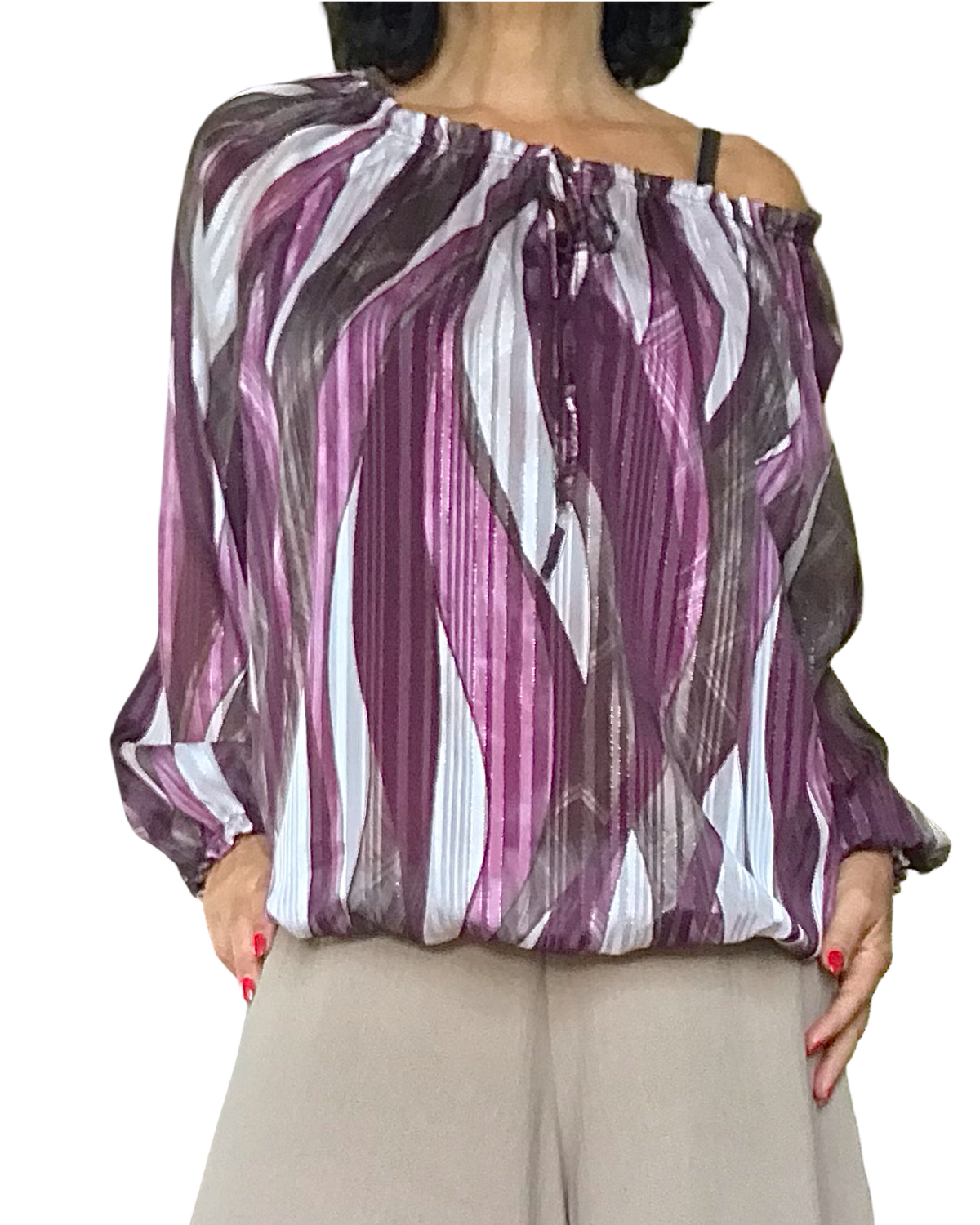 Blouse en voile bourgogne imprimé zigzag vertical manches bouffantes