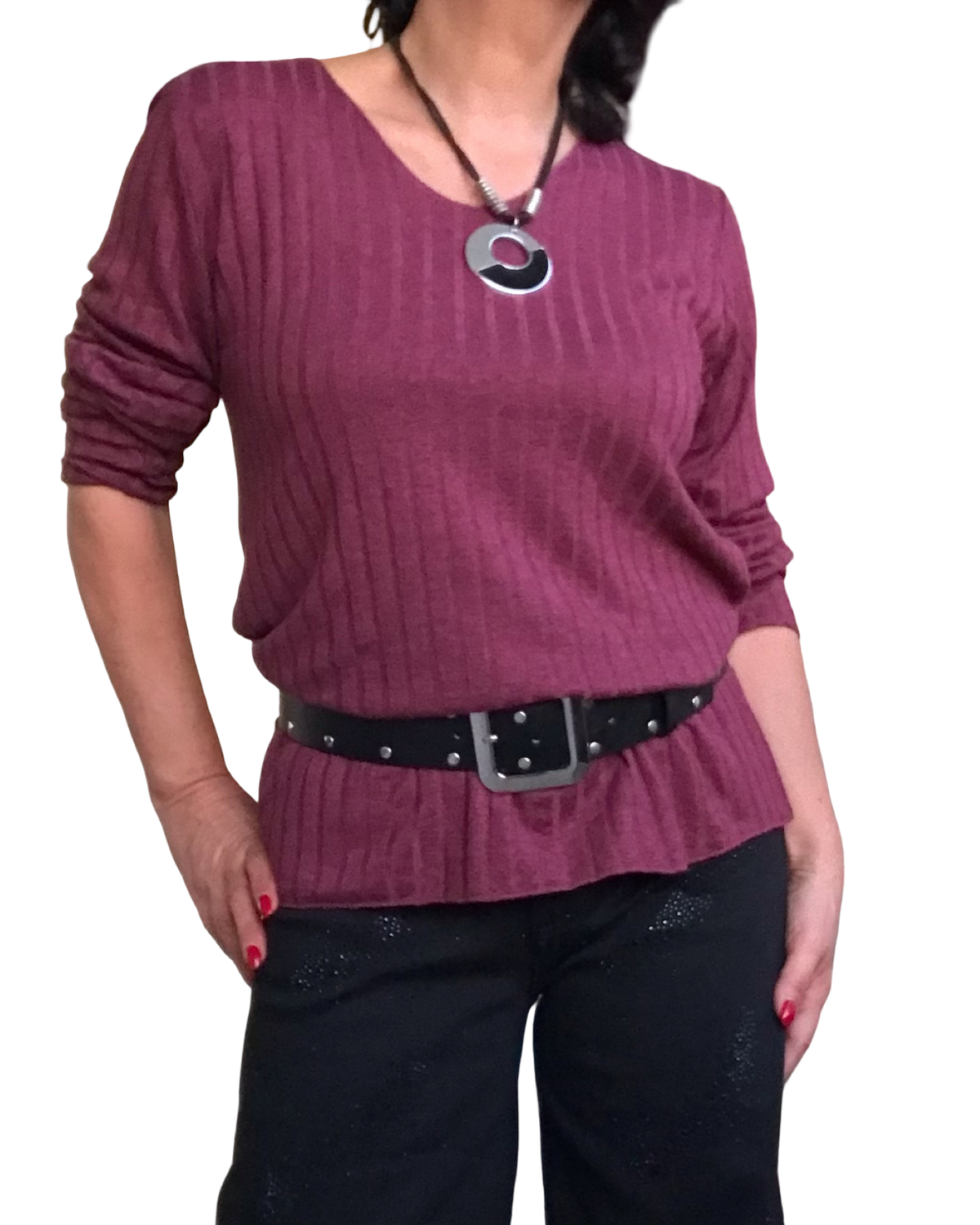 Chandail uni bourgogne en rib col en V manche longue