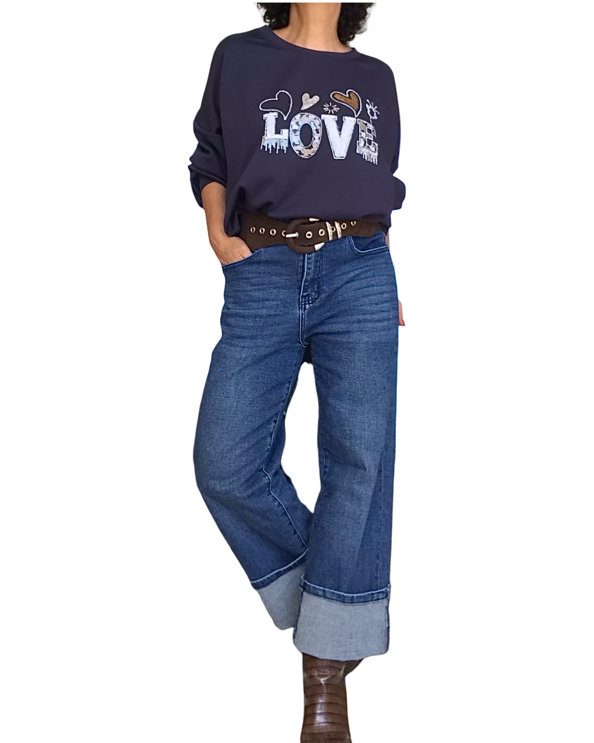 Chandail uni marine col rond en jersey « Love »( Livraison 30 septembre)