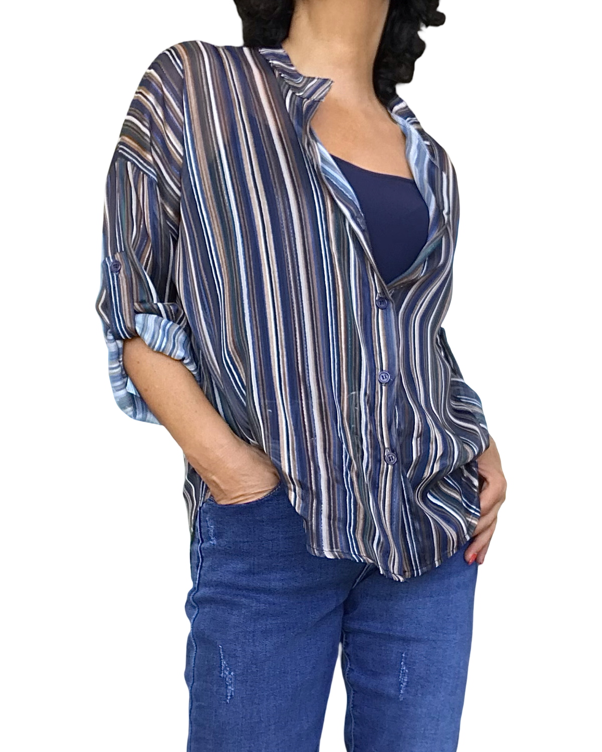 Chemise marine à rayures verticales, manche 3/4 en voile