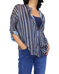 Chemise marine à rayures verticales, manche 3/4 en voile