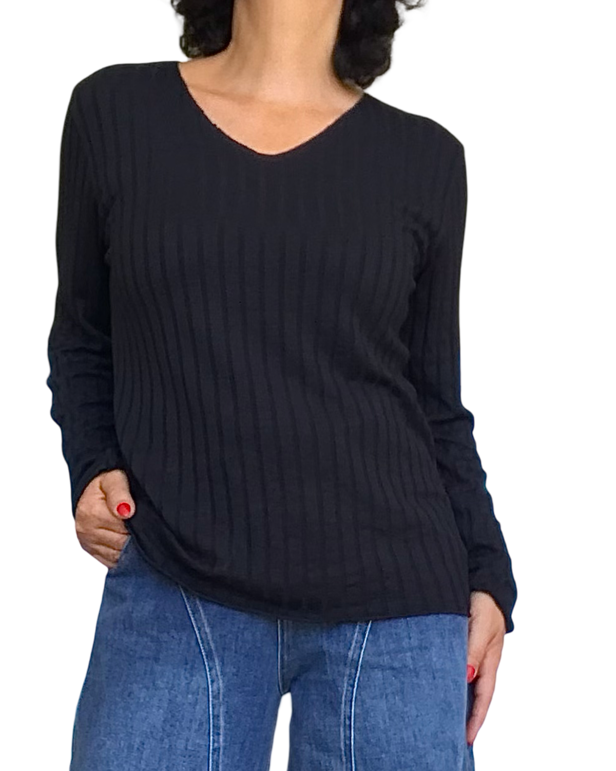 Chandail uni noir en rib col en V manche longue