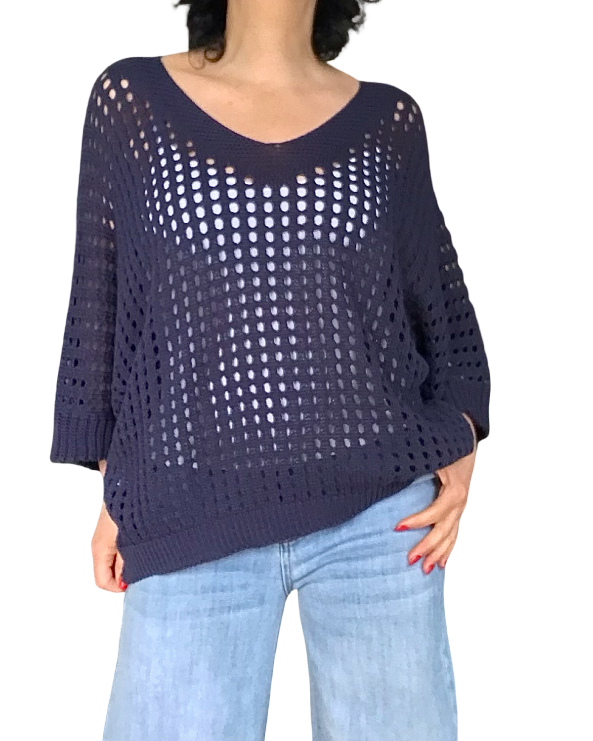 Chandail en crochet marine col en V en grandes mailles