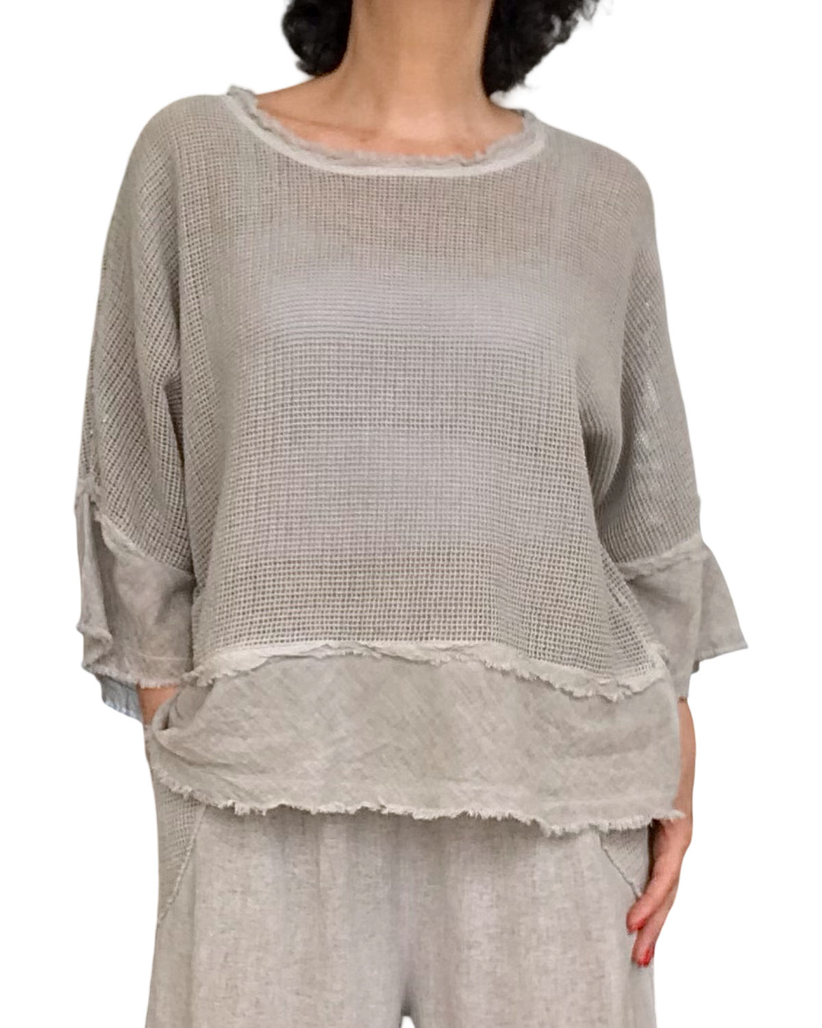 T-shirt beige en filet, col rond, manche courte