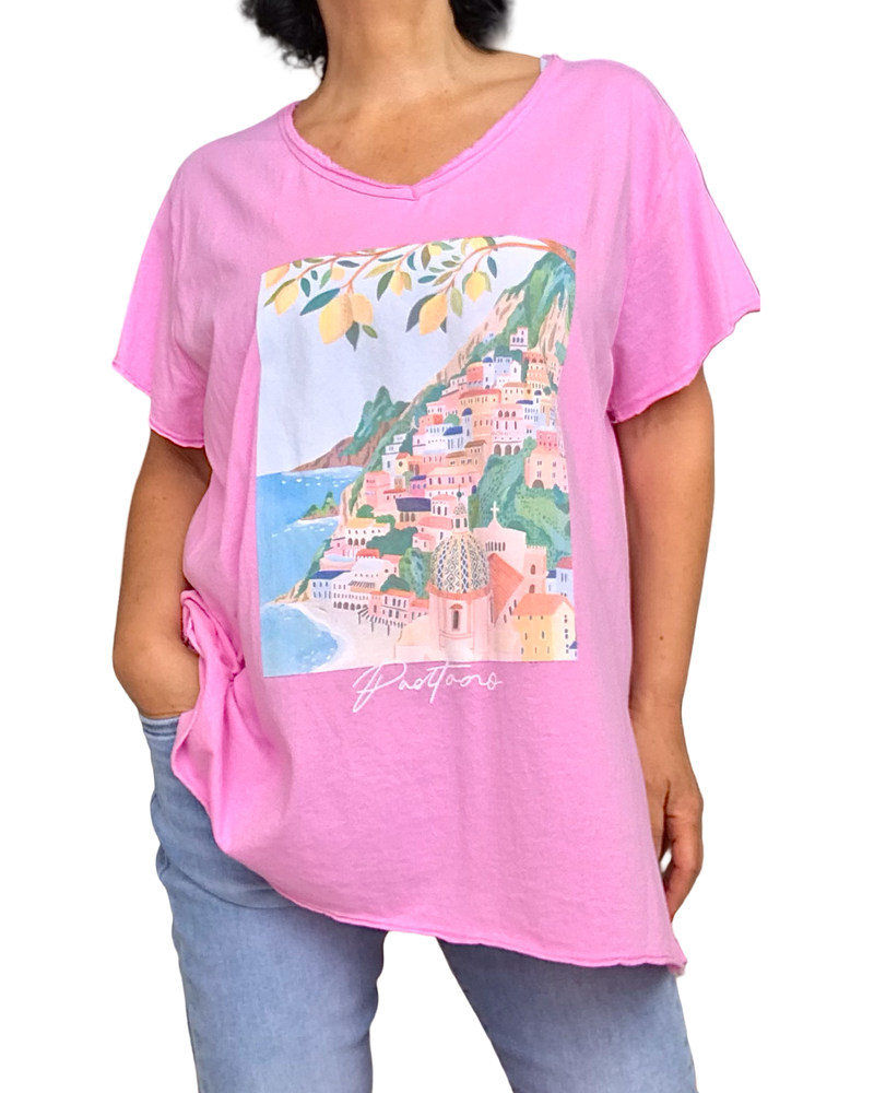 T-shirt col en V rose – Côte d’Azur