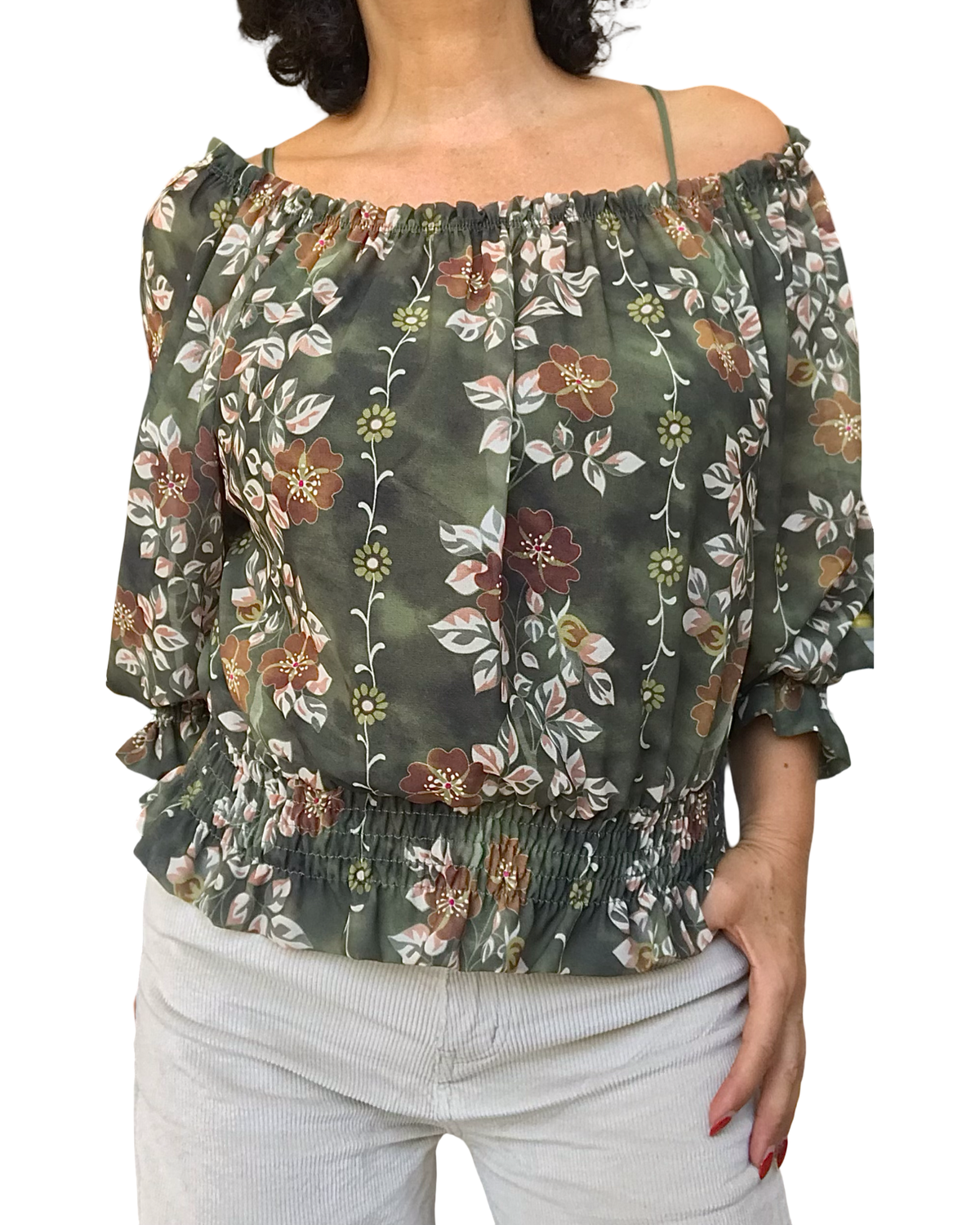 Blouse romantique en voile fleuri kaki et beige aux manches élastiquées – vue rapprochée