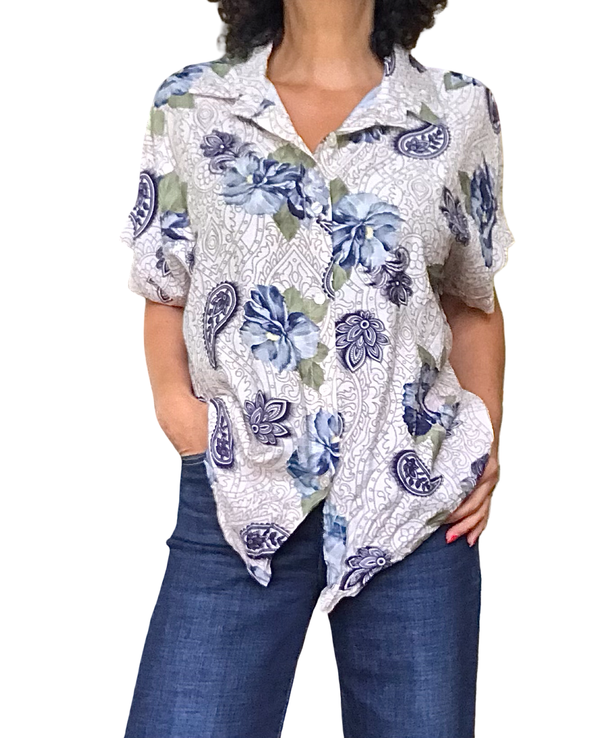 Chemise crème fleurie marine et kaki manche courte