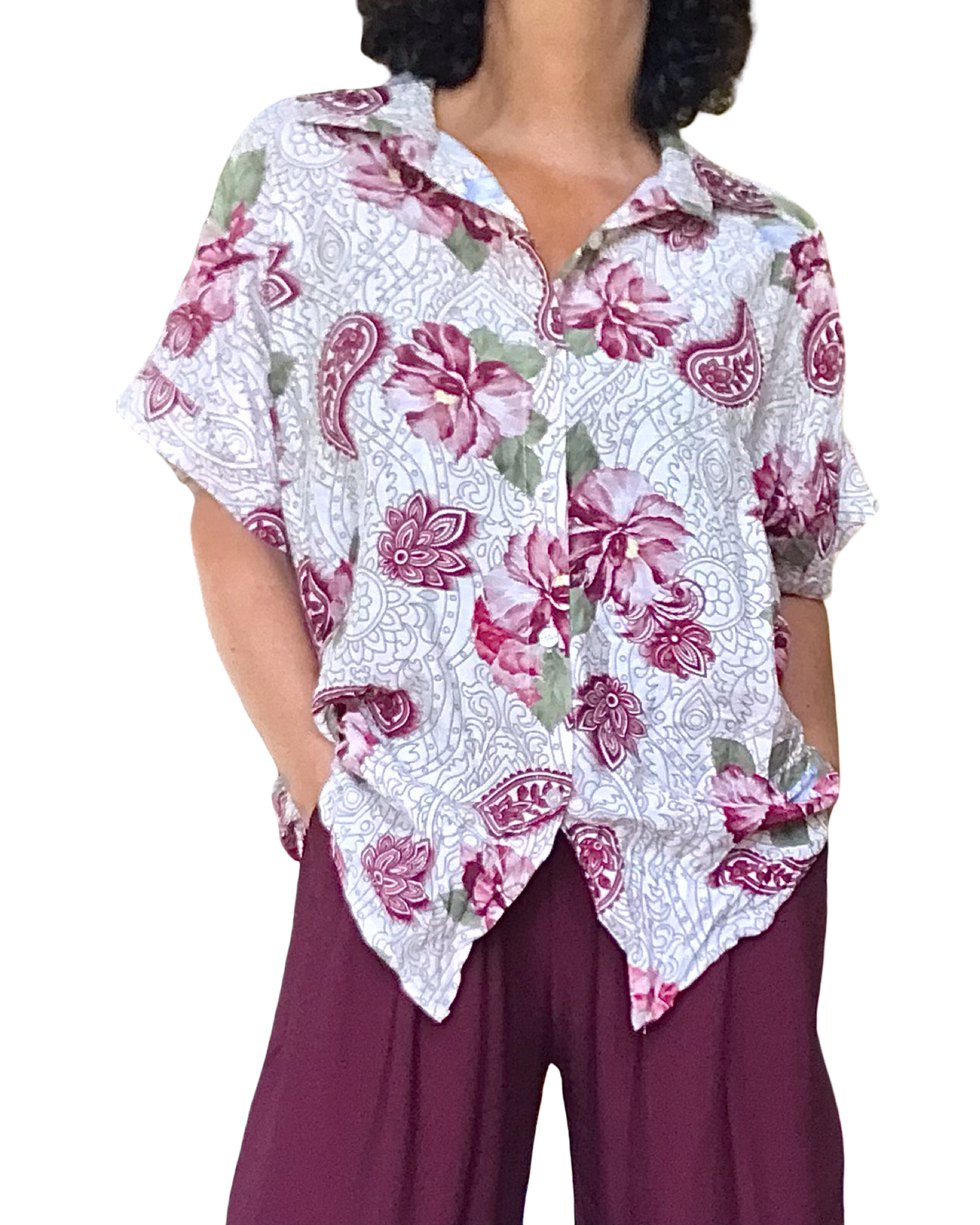 Chemise crème fleurie rouge vin et kaki manche courte