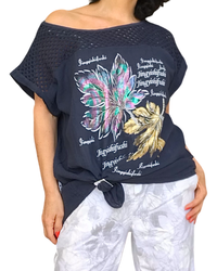 T-shirt marine avec dessin de feuilles, garni d’une bande en crochet dans le haut