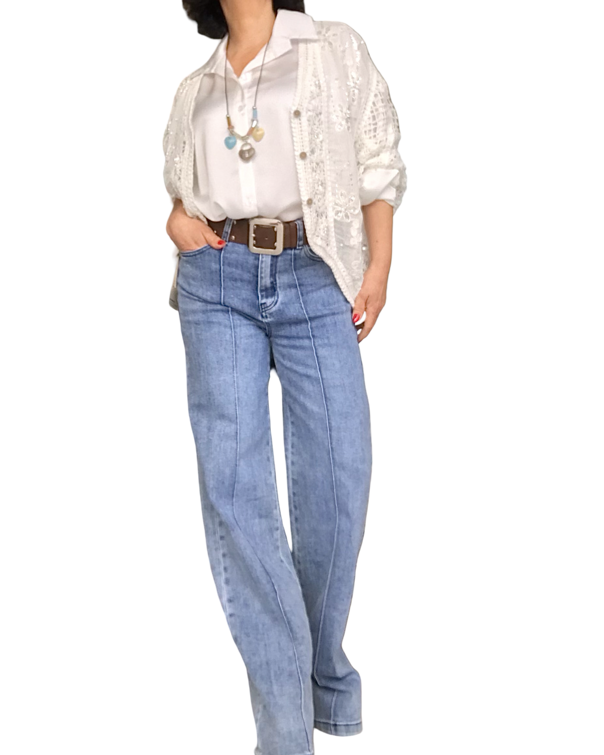 Jeans bleu clair , jambe droite avec sur picure le long de la jambe