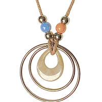 Bijoux | Collier long pendentif 2 cercles argentés , pierre rose pâle et bleu ciel en babiche beige