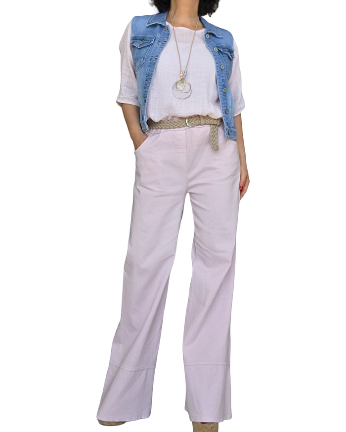 Blouse unie rose pâle à manches courtes, col rond