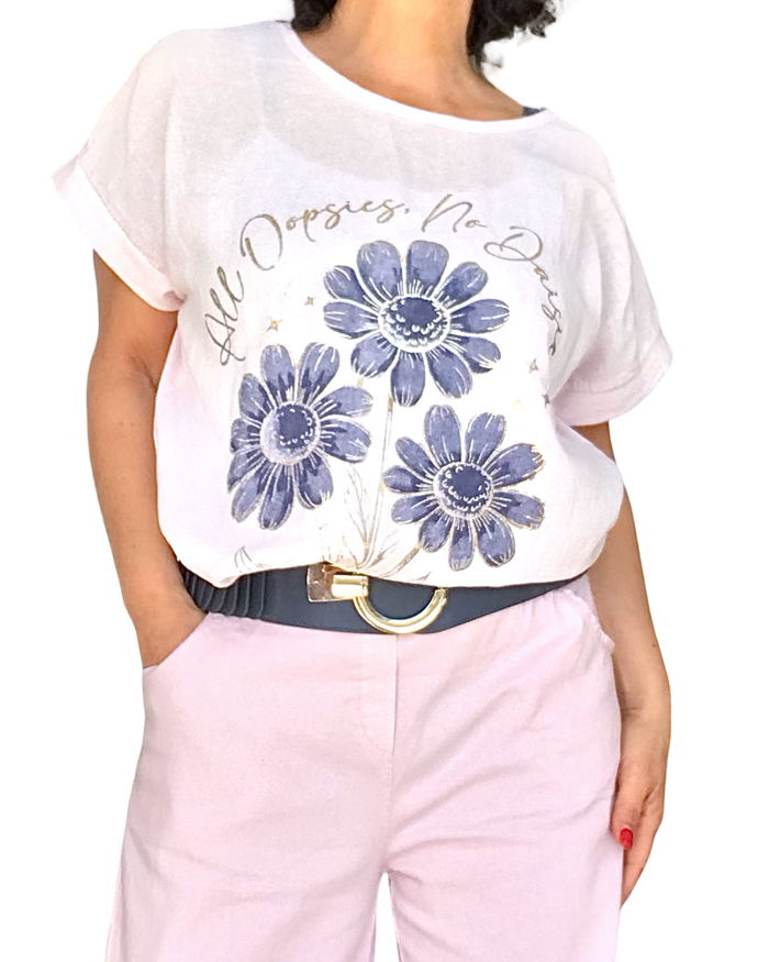 Blouse rose pâle manche courte avec 3 marguerites marines