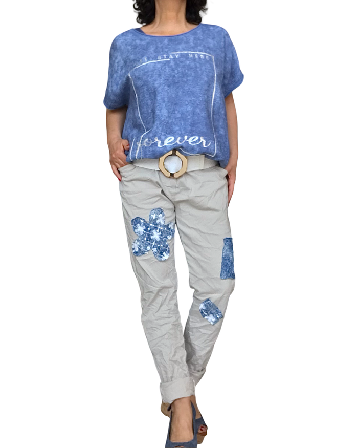 Pantalon beige avec patch bleu jeans à taille élastique avec cordon