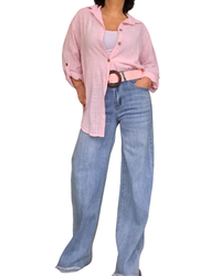 Chemise rose pâle unie à manche 3/4 col chemise