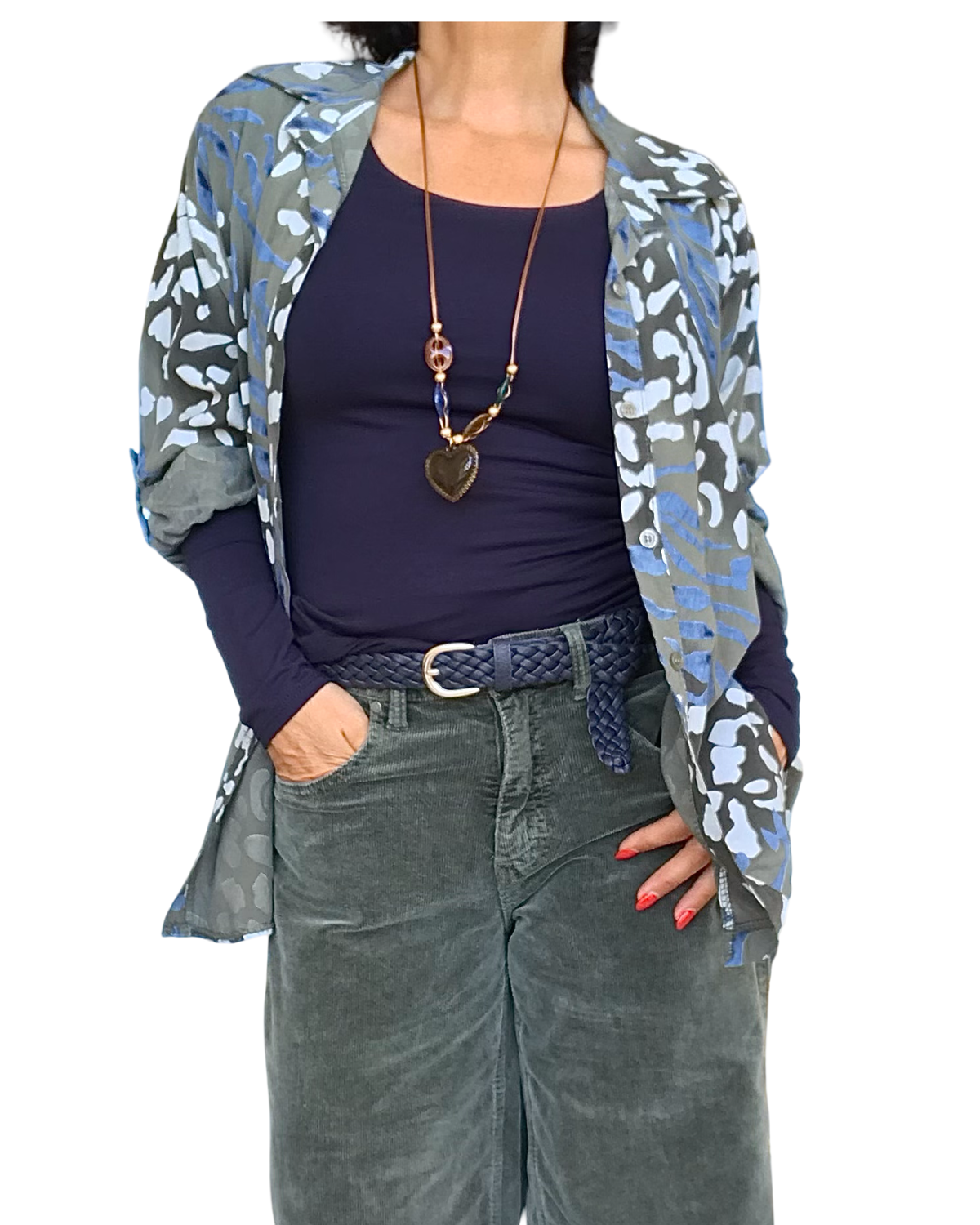 Chemise kaki à manche 3/4 avec imprimé léopard