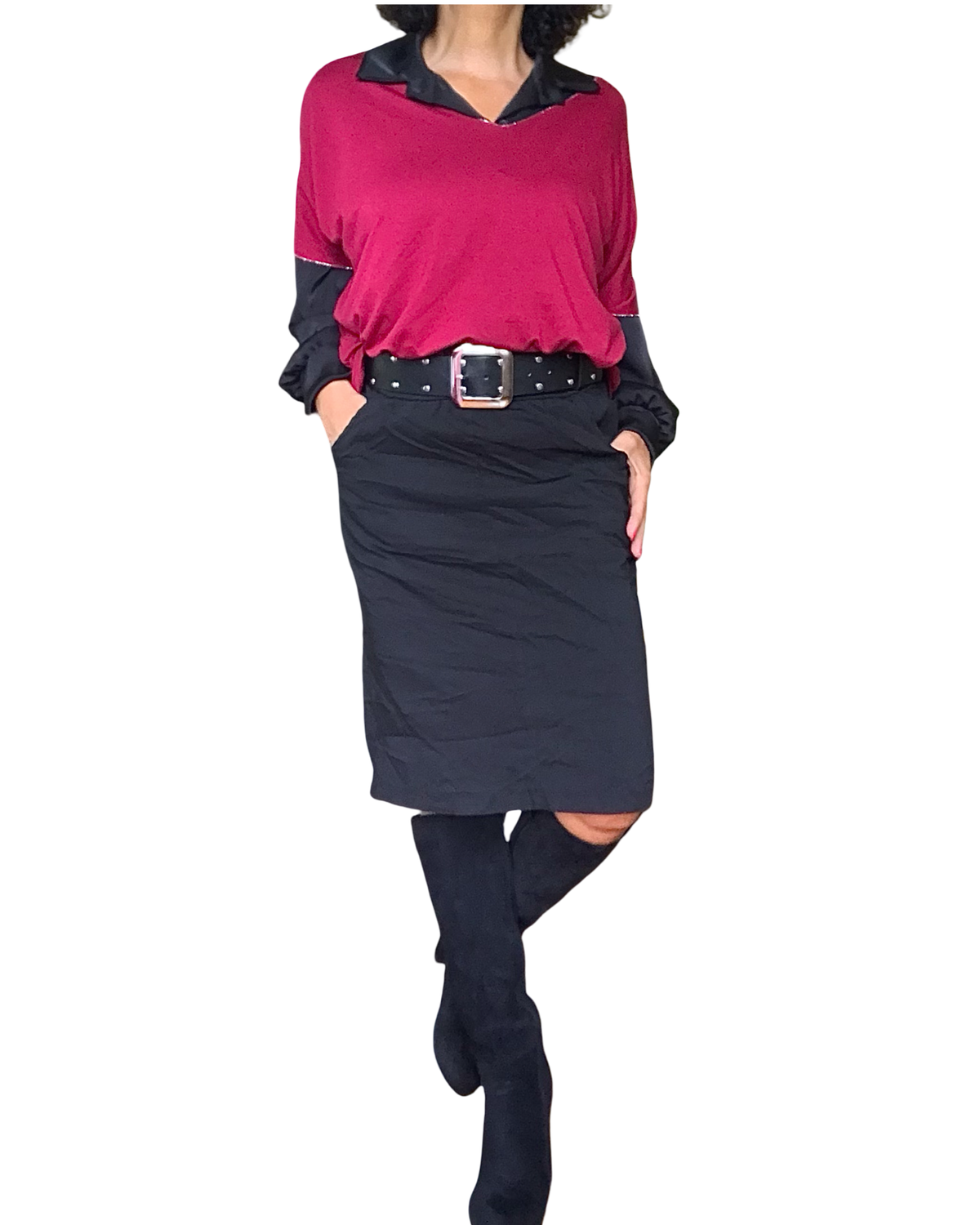 Jupe noire froissée taille élastique avec cordon et poches
