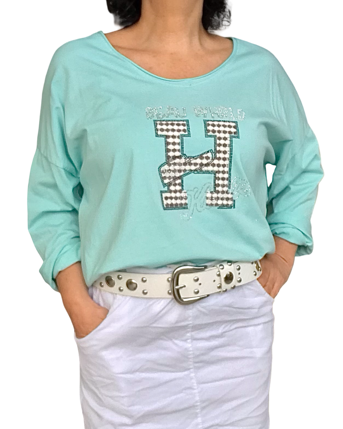 T-shirt aqua col V manche longue avec un H texturé moka et blanc devant
