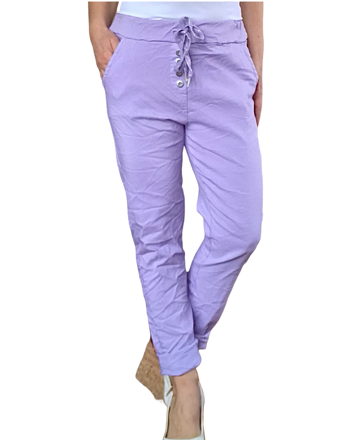 Pantalon lilas à taille élastique avec 4 boutons sur la boutonnière et cordon