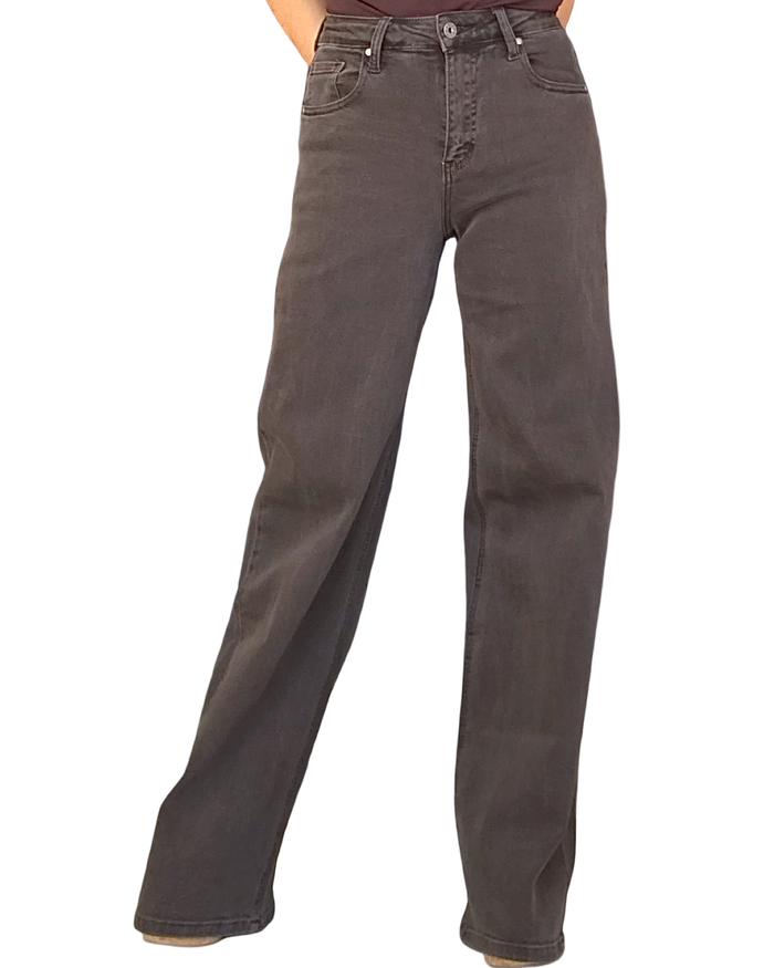 Pantalon droit brun chocolat taille au nombril, 32 pouces de jambe – vue de face