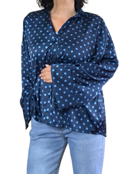 Chemise marine à pois bleu ciel en satin, manche 7/8