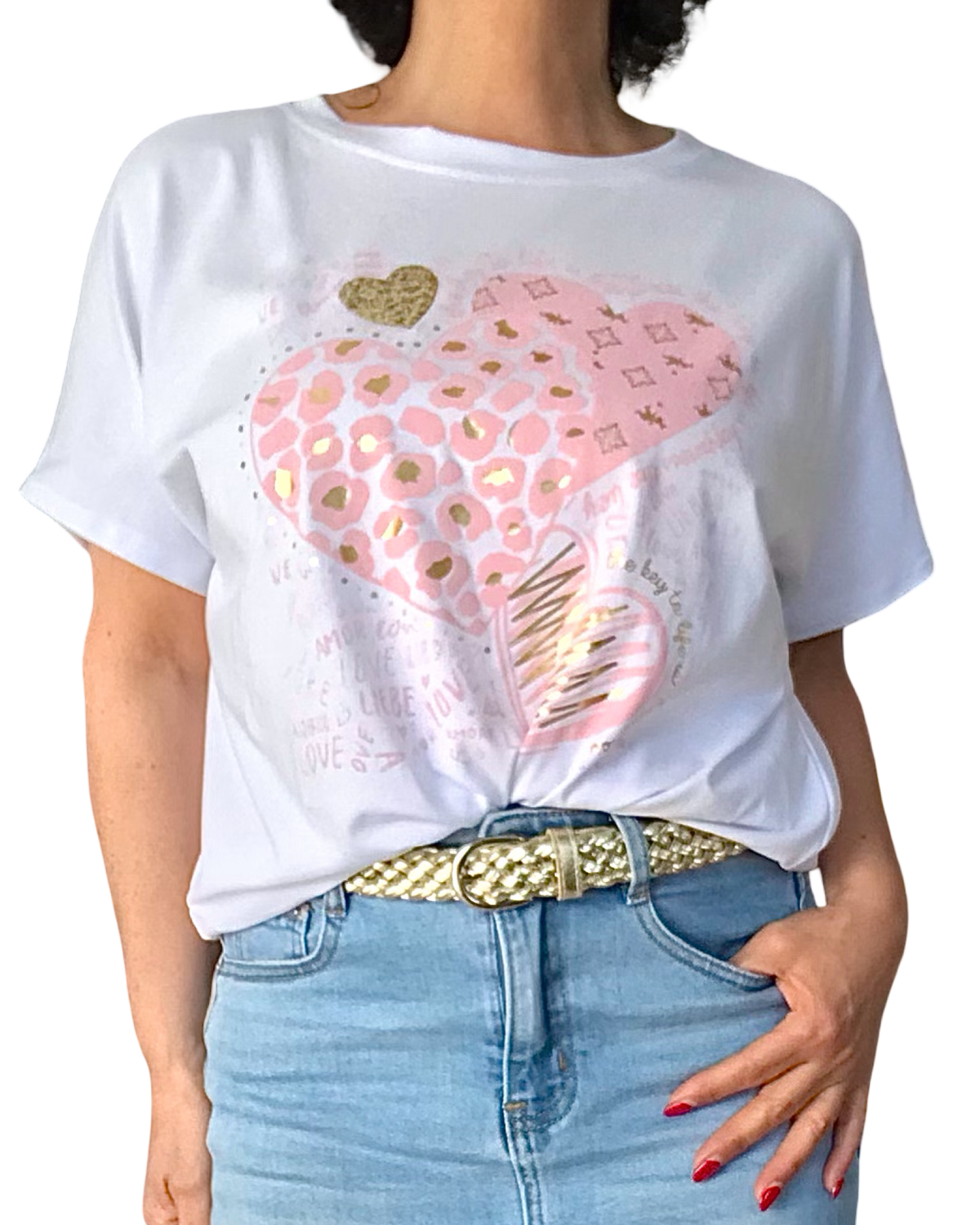 T-shirt blanc avec imprimé de cœurs rose pâle et doré