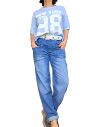 T-shirt uni bleu ciel manche courte col rond « 98 New York»