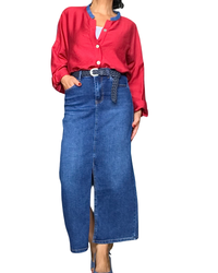 Jupe jeans longue bleu moyen 31 pouces, taille au nombril