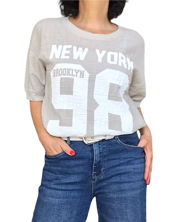 T-shirt uni beige manche courte col rond « 98 New York »