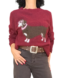 Chandail bourgogne col rond à chien saucisse brun aux lunettes et collier roses, porté avec ceinture brune
