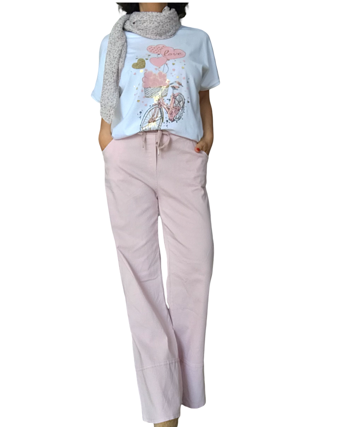 Pantalon jambe droite rose pâle taille élastique avec cordon